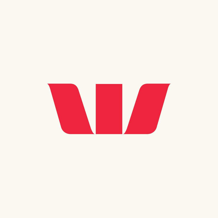 Red logo on a white background