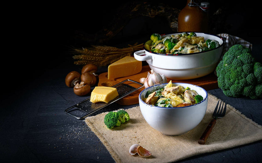 Broccoli mushroom parmesan pasta in a bowl