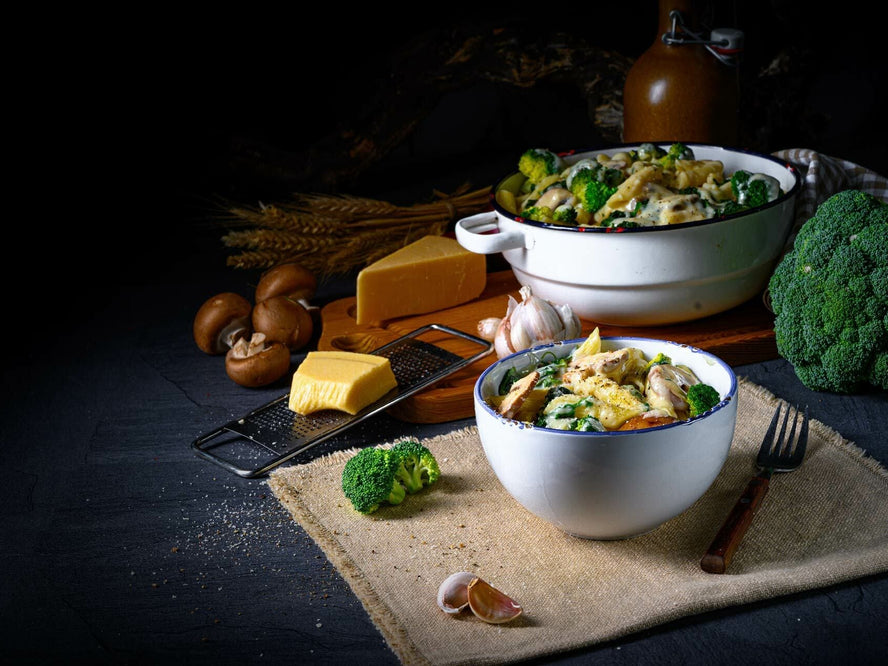Broccoli mushroom parmesan pasta in a bowl