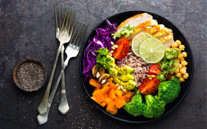 Buddha Bowl of vegetables, chicken and chickpeas