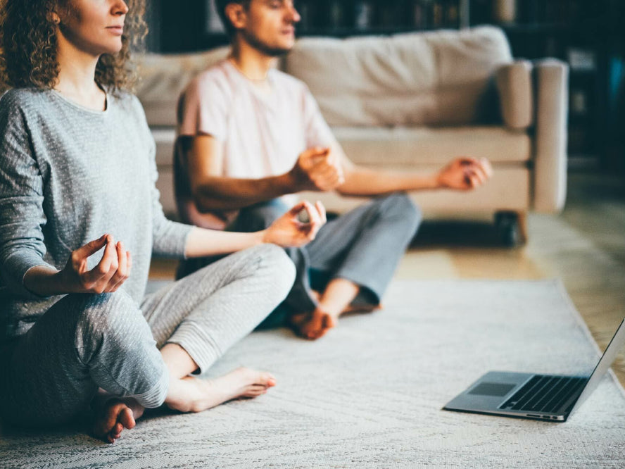 Two people meditating in front of a laptop