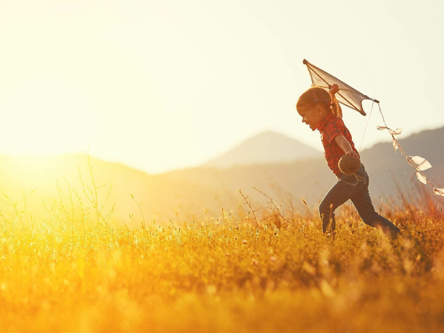 A child running through a field with a kite