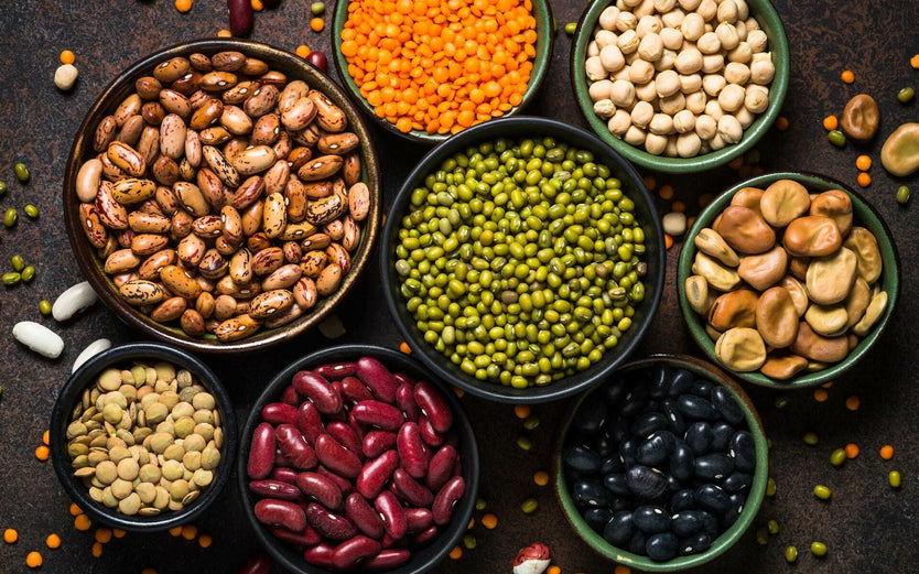 Bowls of separated beans and legumes