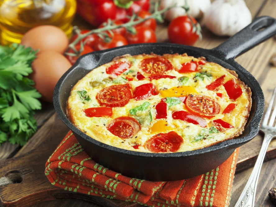 Frittata in a frying pan on a table