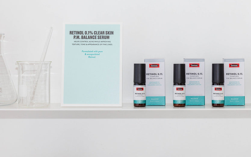 Swisse Retinol 0.1% Clear Skin P.M. Balance Serum on a bathroom shelf