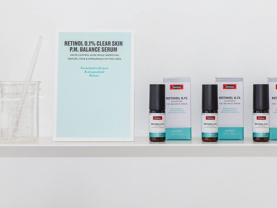 Swisse Retinol 0.1% Clear Skin P.M. Balance Serum on a bathroom shelf