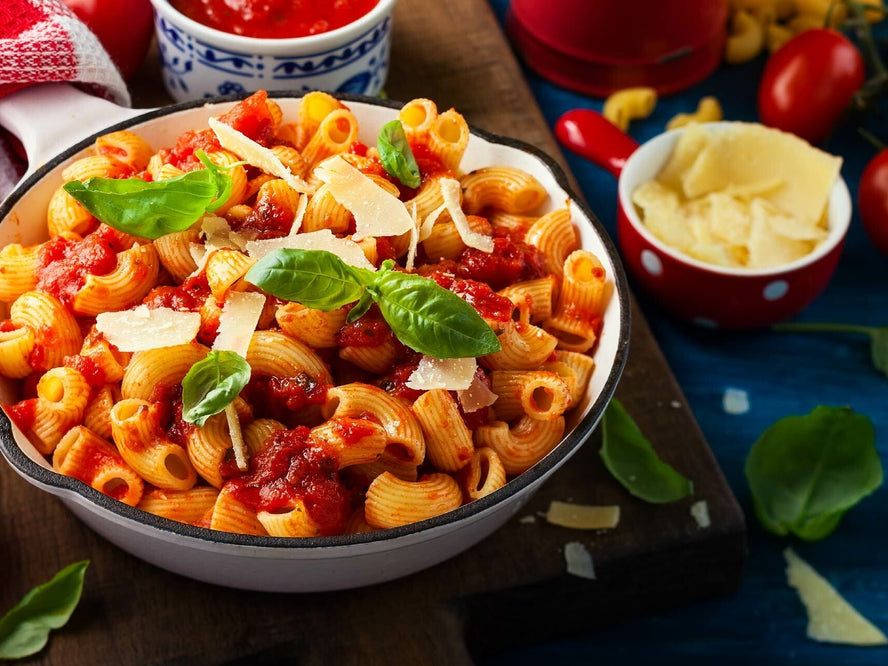 Tomato and herb pasta in a bowl