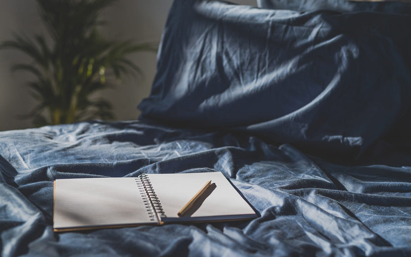 Open journal with pen on bed