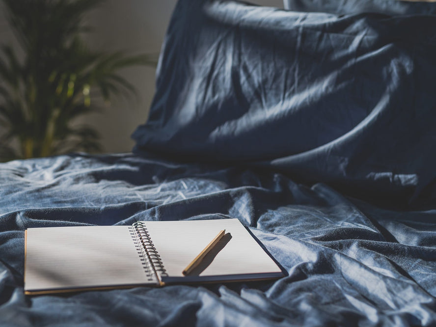 Open journal with pen on bed