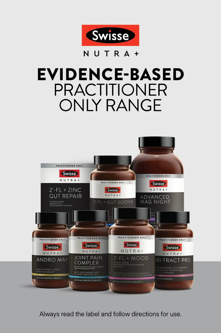 Swisse Nutra supplement bottles on a gray background with text about evidence-based practitioner-only range.