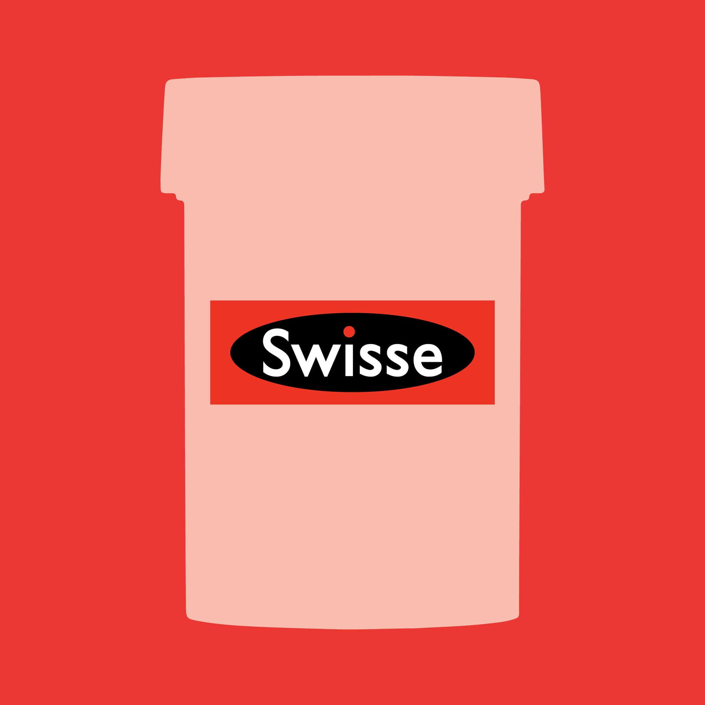 Pink container with Swisse logo on a red background