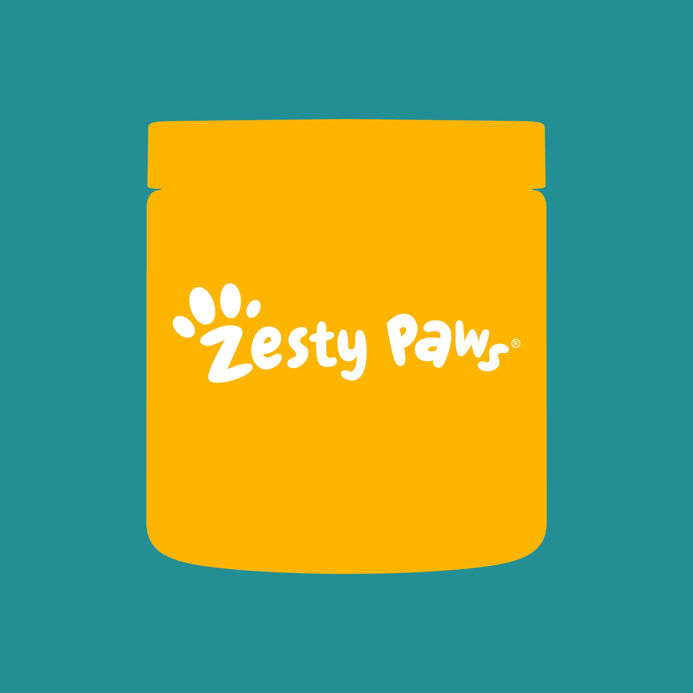 Yellow container with 'Zesty Paws' logo on a teal background