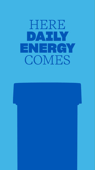 Blue container with 'HERE DAILY ENERGY COMES' text on a blue background
