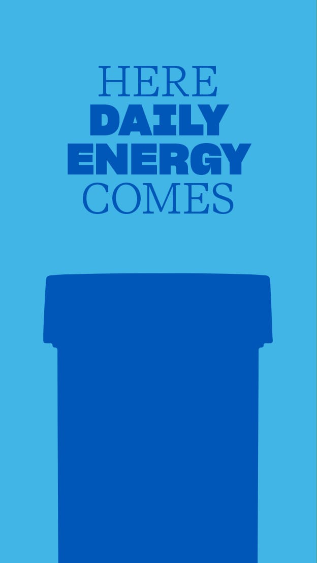 Blue container with 'HERE DAILY ENERGY COMES' text on a blue background
