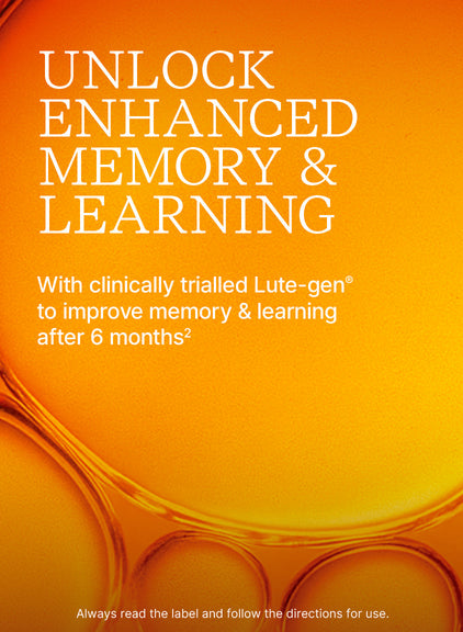 Promotional text for enhanced memory and learning with clinically trialled Lute-gen on an orange background.
