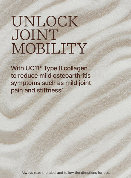 Advertisement for UC11 Type II collagen to reduce mild osteoarthritis symptoms on a textured beige background.