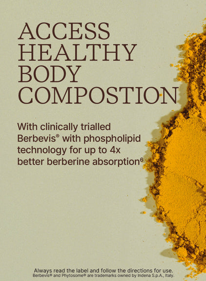 Advertisement for a product related to healthy body composition with text and a small amount of yellow powder on a light green background.