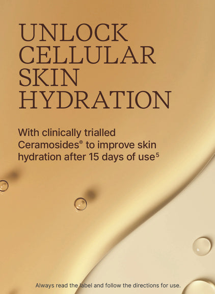 Product packaging with text about unlocking cellular skin hydration and using Ceramosides.
