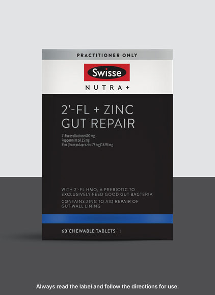 Swisse Nutra+ 2'-FL + Zinc Gut Repair supplement packaging on a gray background