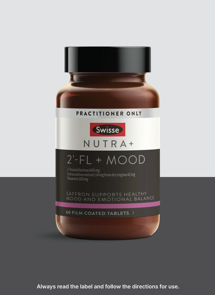 Swisse Nutra+ 2-FL + Mood supplement bottle on a gray background