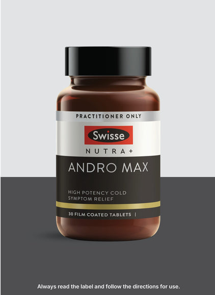 Swisse Nutra+ Andro Max supplement bottle on a gray background