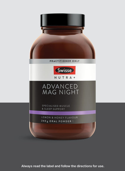 Swisse Nutra+ Advanced Mag Night supplement bottle on a gradient background