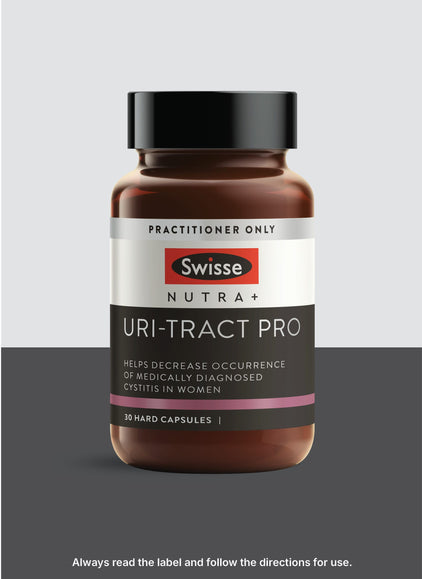 Swisse Nutra+ Uri-Tract Pro supplement bottle on a gray background