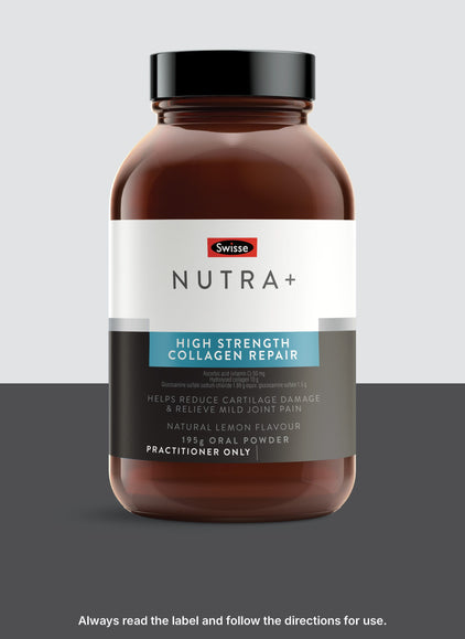Swisse Nutra+ High Strength Collagen Repair supplement bottle on a gradient background