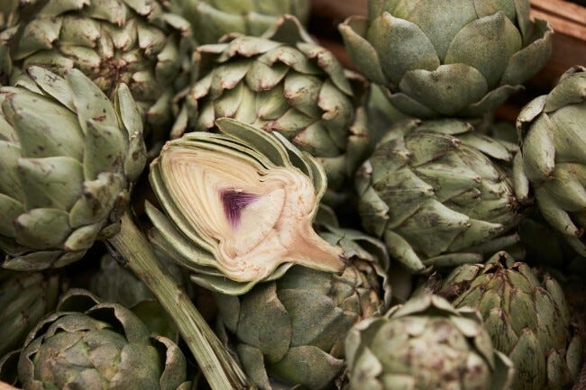 Globe artichokes sliced open