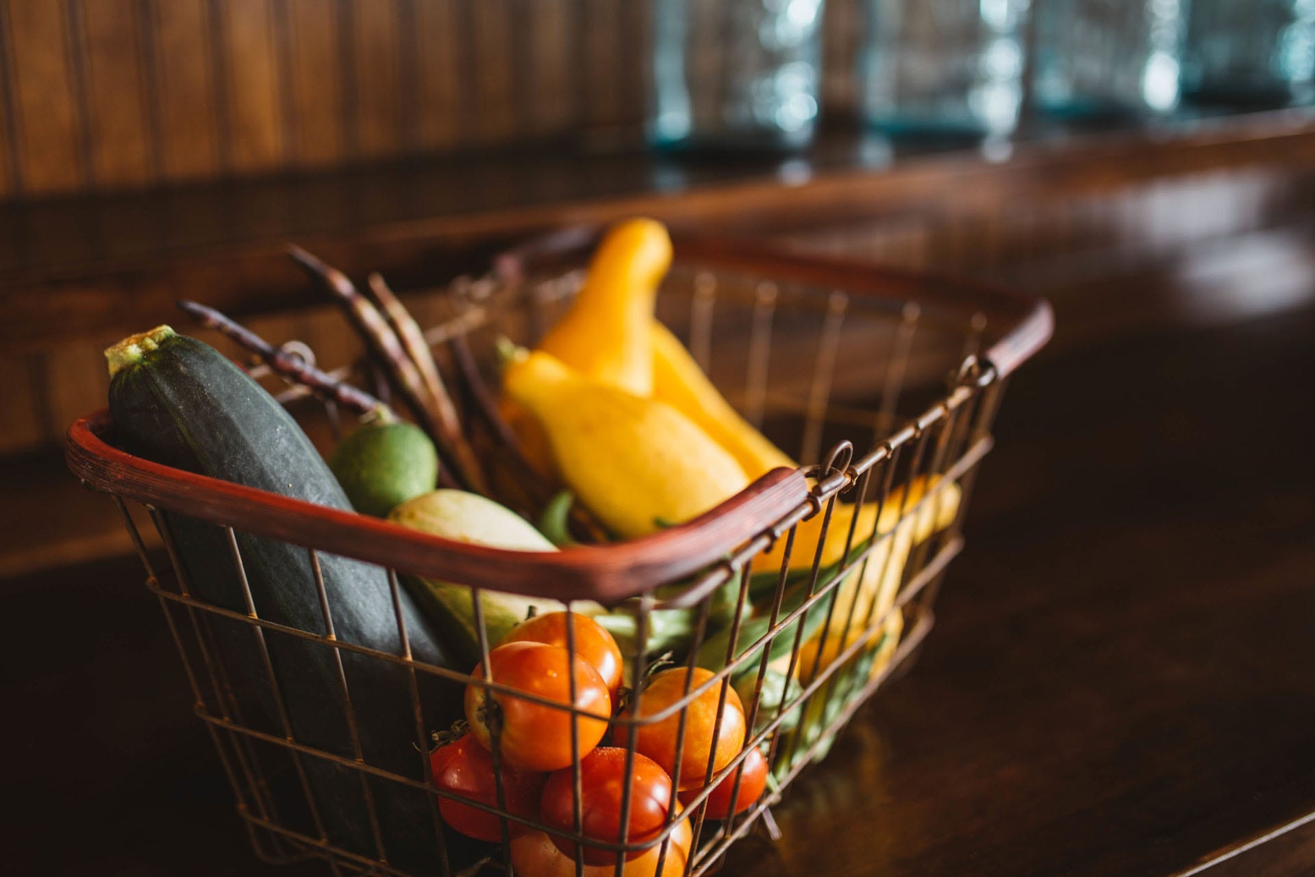 Vegetables in a wire basket