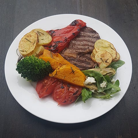 Roast meat and vegetables on a plate