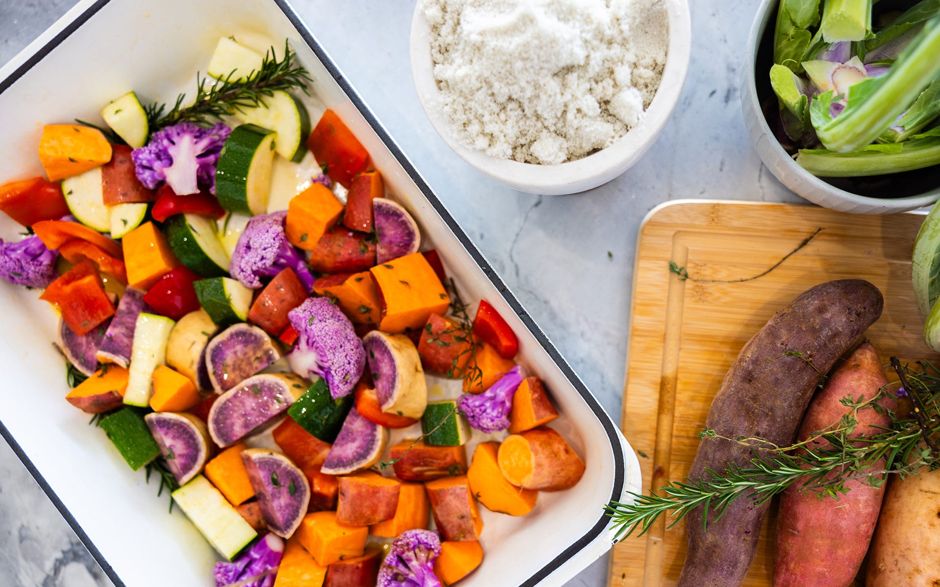 A dish of roast vegetables